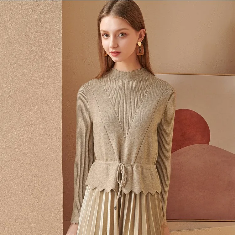 

2020 Fashion Ladies Half-High Neck Slim Knit Sweater Stitching Velvet Pleated Dress Fake Two-Piece Women'S